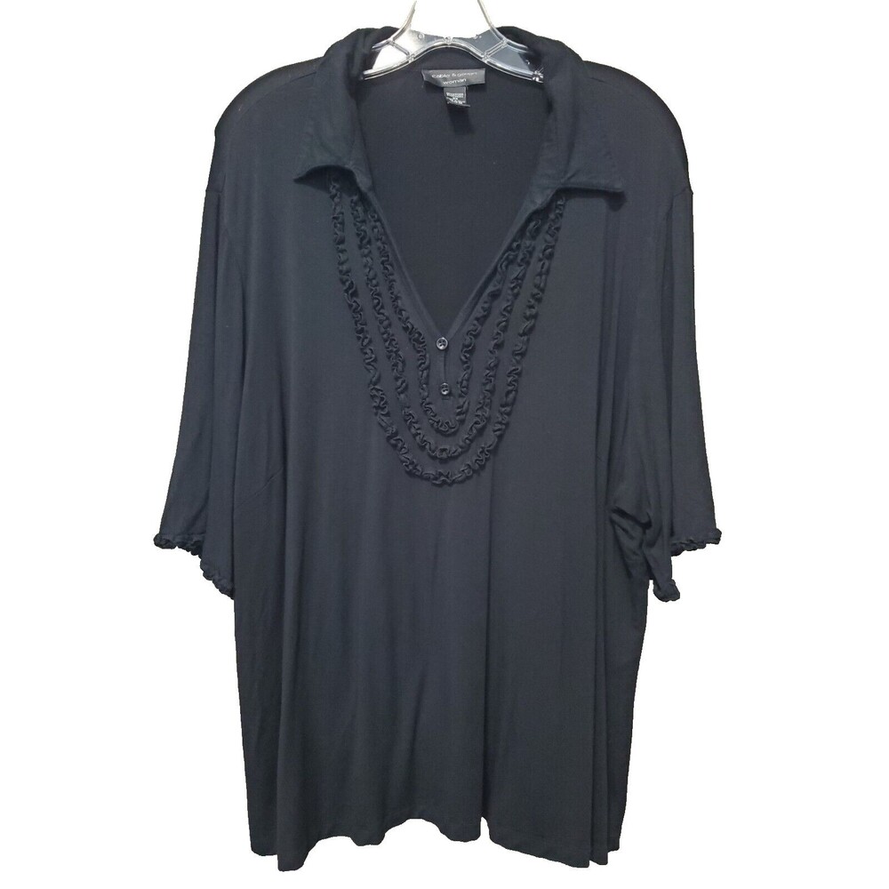 cable & gauge Woman Black Jersey Knit Henley Neck Ruffle Top Size 3X